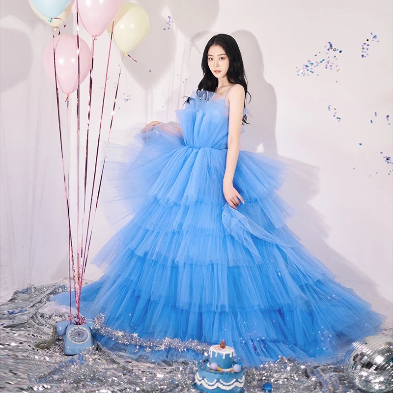Elegant Tulle Tiered Ball Gown Evening Dress In Blue on Luulla
