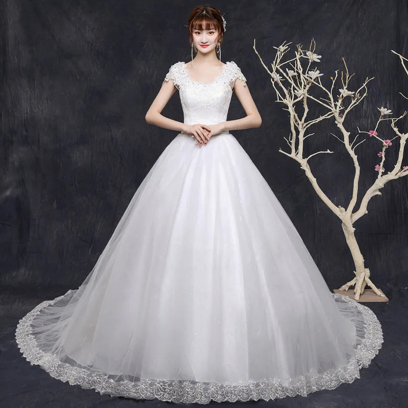 Gorgeous Cap Sleeves White Lace Long Wedding Dress main image 1