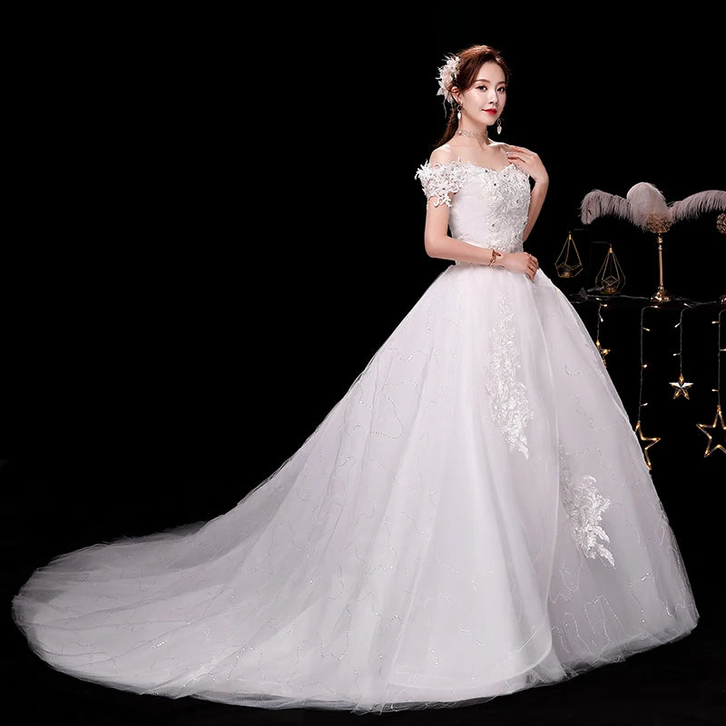 Elegant Off-shoulder Lace Tulle Wedding Gown on Luulla