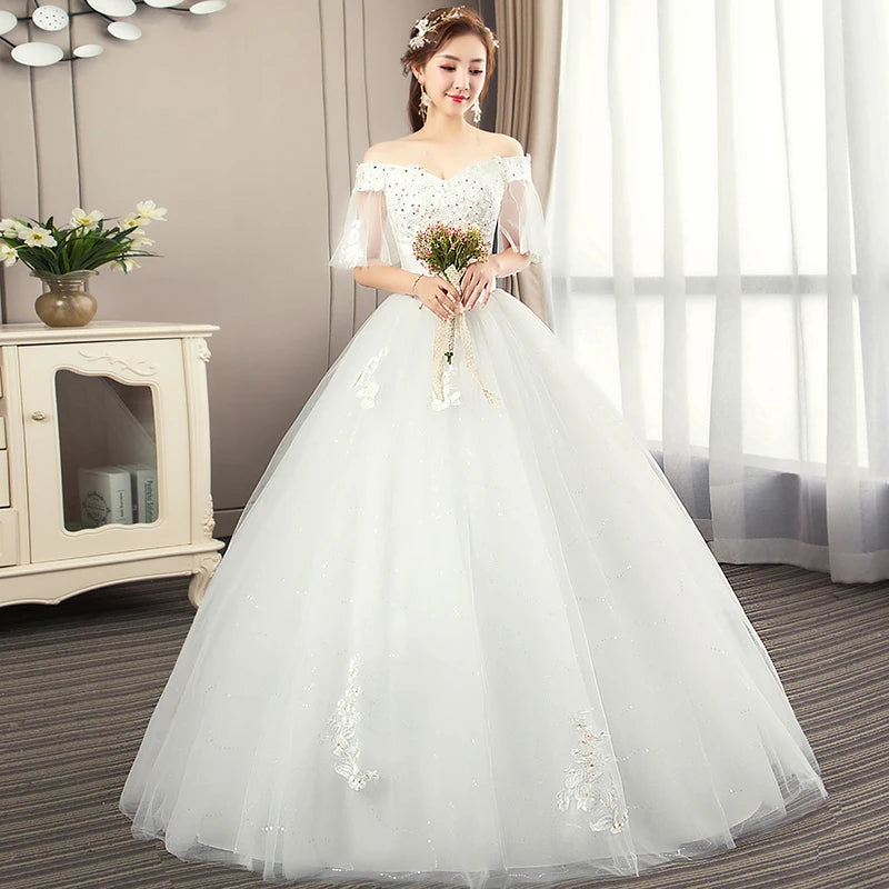 Gorgeous Long Off The Shoulder Beadings Ball Gown Wedding Dress