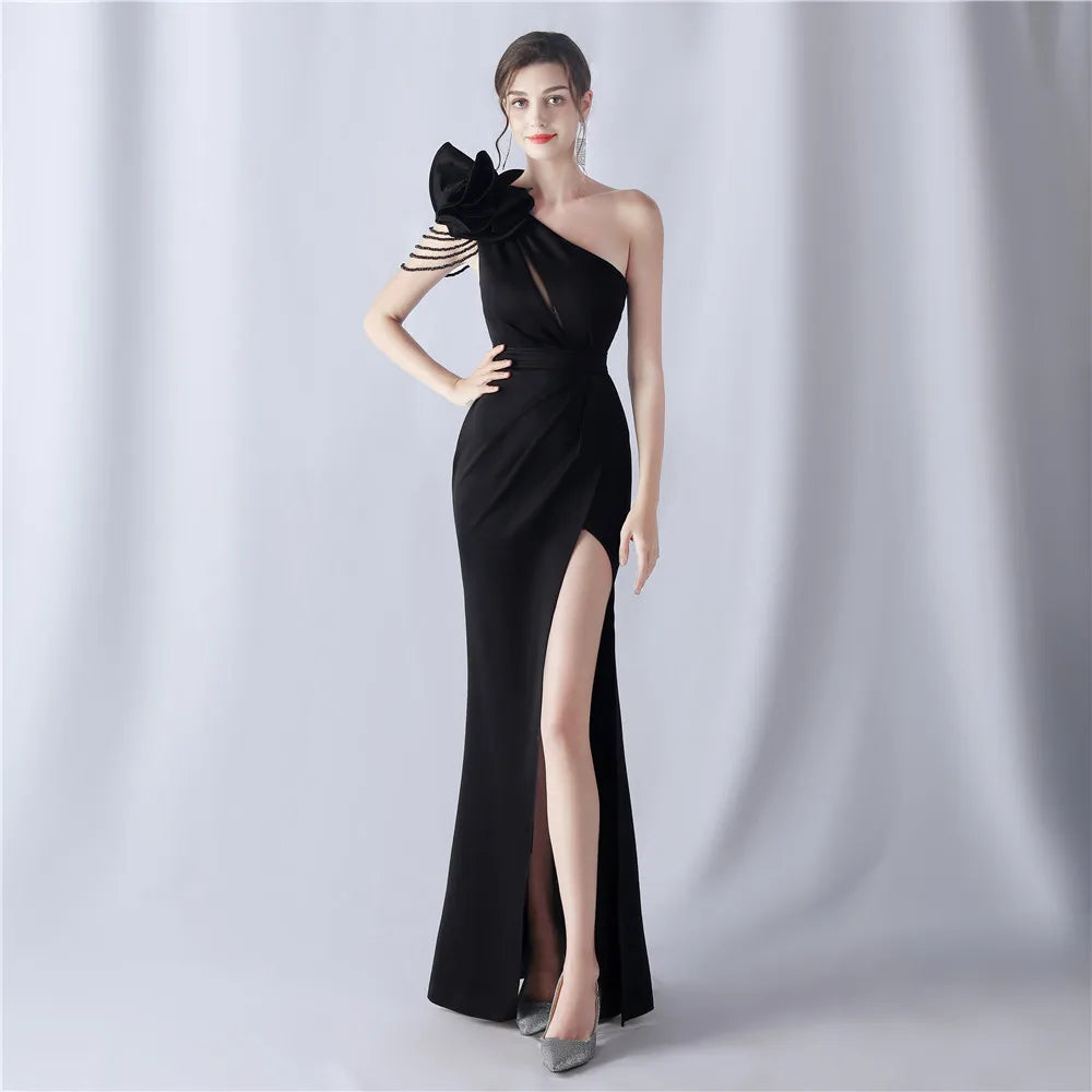 One-Shoulder Slit Tassel Fringe Detail Gown Black main image 1