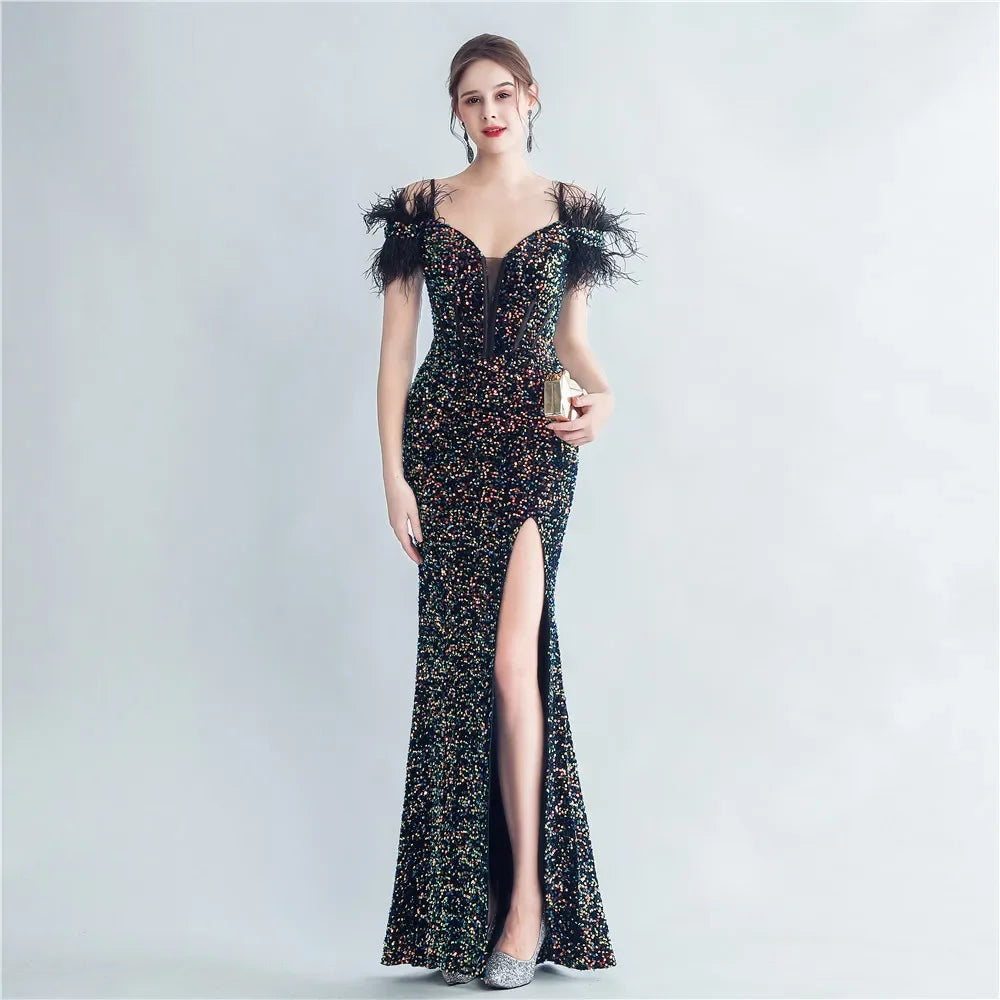 Off shoulder sweetheart neckline with hanging side slits for evening gowns main image 0
