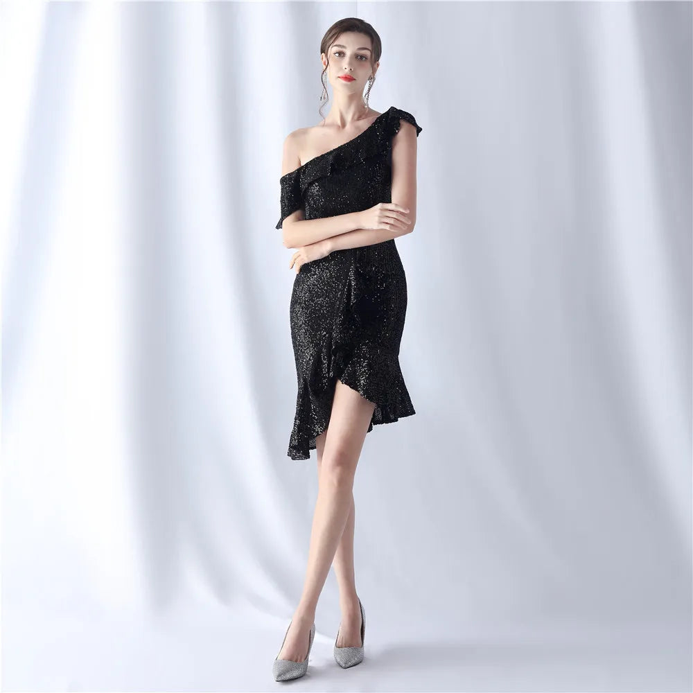 Elegant Black Sequin One-shoulder Party Dress on Luulla