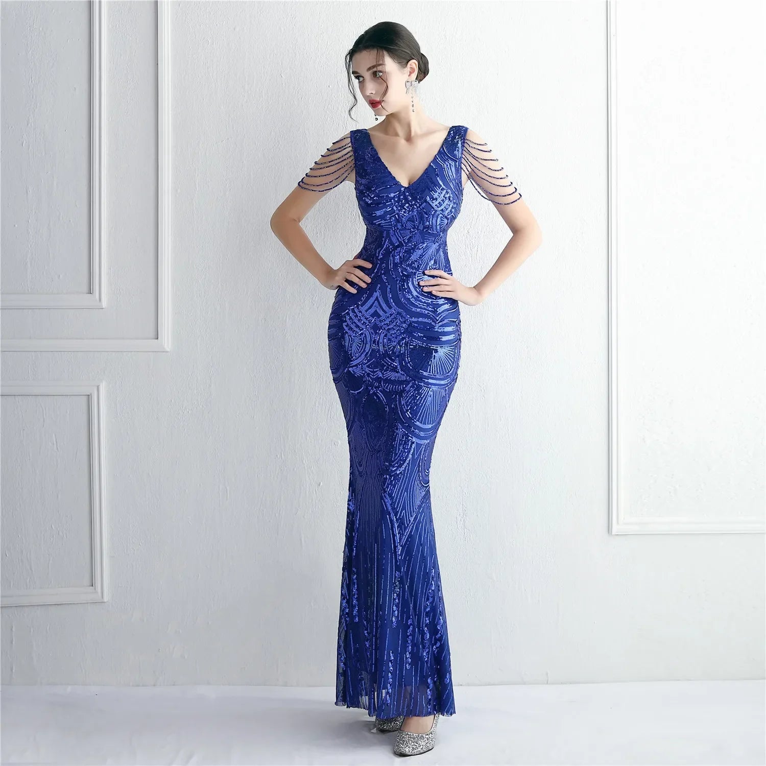 Elegant Blue Sequin Evening Gown With Sleeves on Luulla