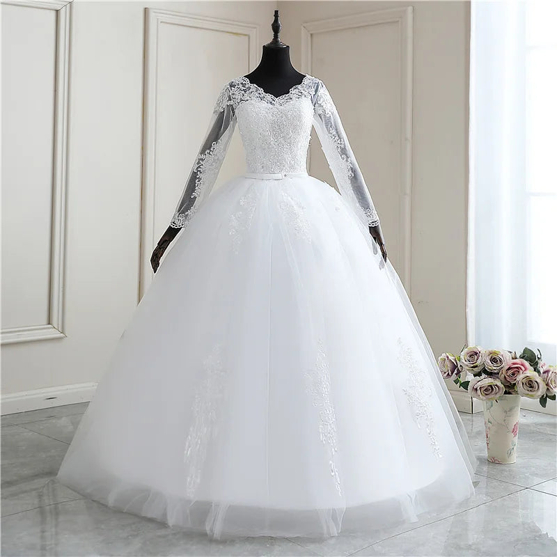 Elegant Lace Applique Long Sleeve Ruffles Ball Gown Wedding Dress main image 1