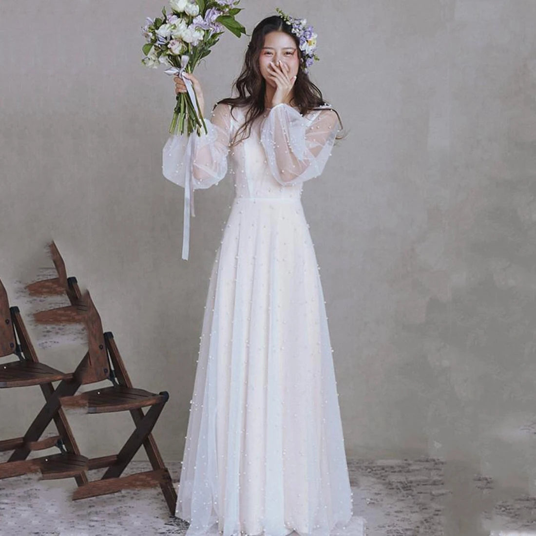 Vintage Long Sleeve Pearl Beaded Wedding Dress on Luulla