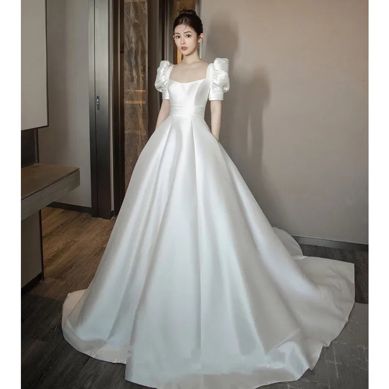 Elegant Puff Sleeve Satin Bridal Gown on Luulla