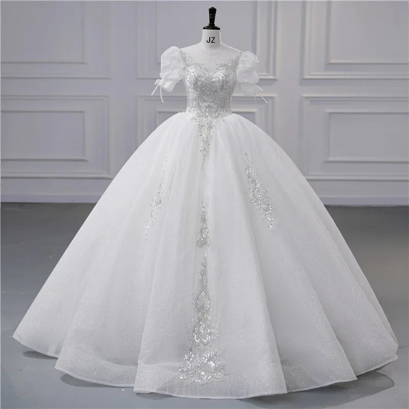 Elegant White Bridal Gown With Puff Sleeves on Luulla
