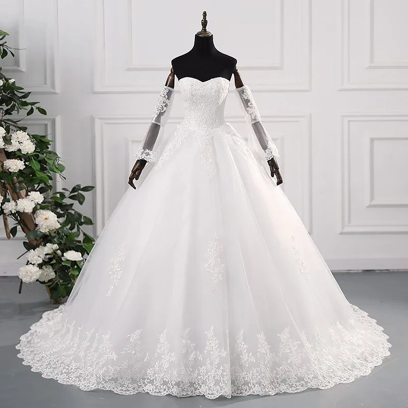 Luxurious Long Ivory A-line Square Neck Lace Beading Wedding Dress with Long Sleeves