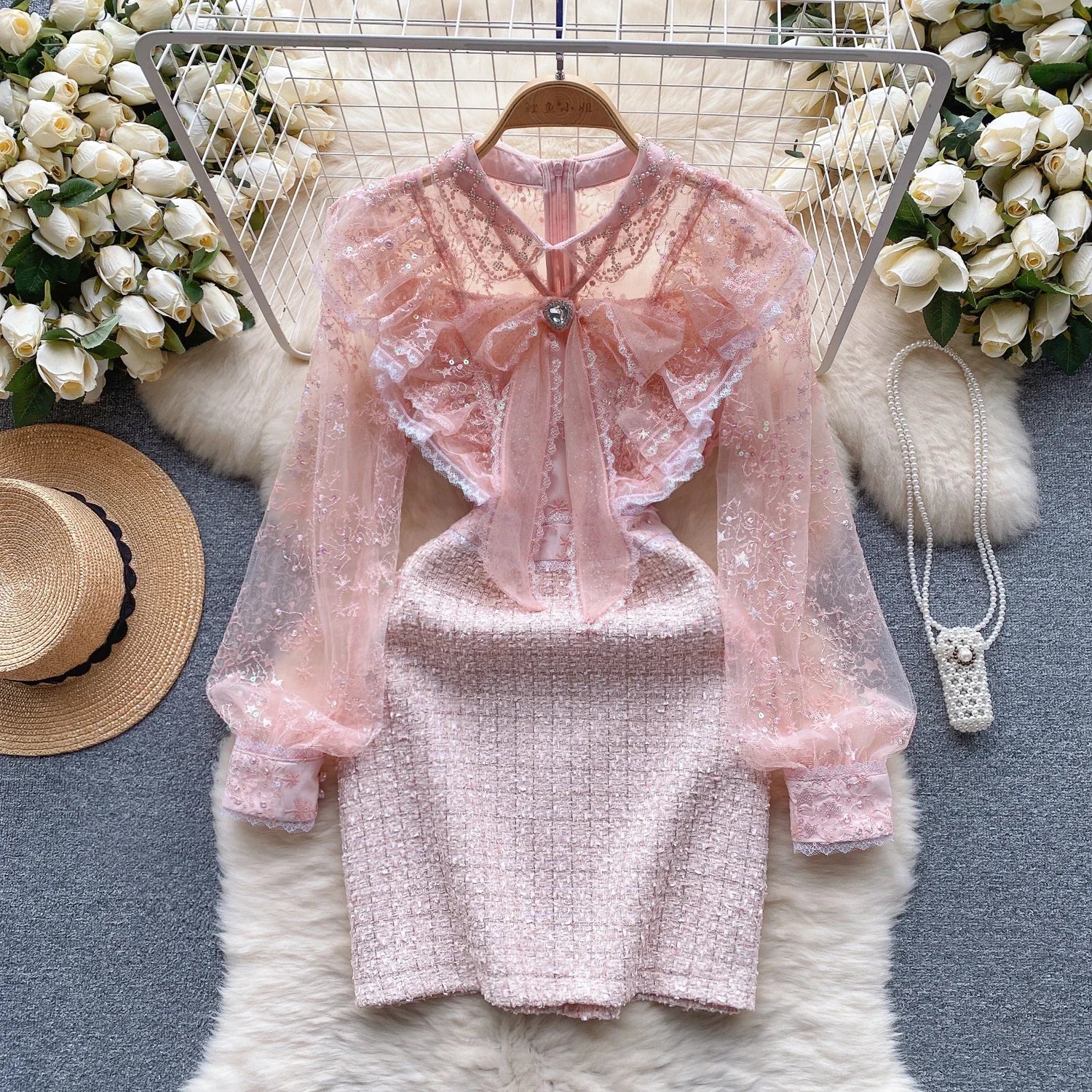 Vintage Lace Dress With Sheer Puff Sleeves on Luulla