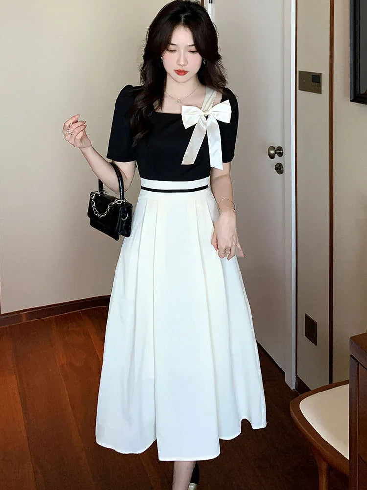 Stylish Black And White Dress With Bow on Luulla