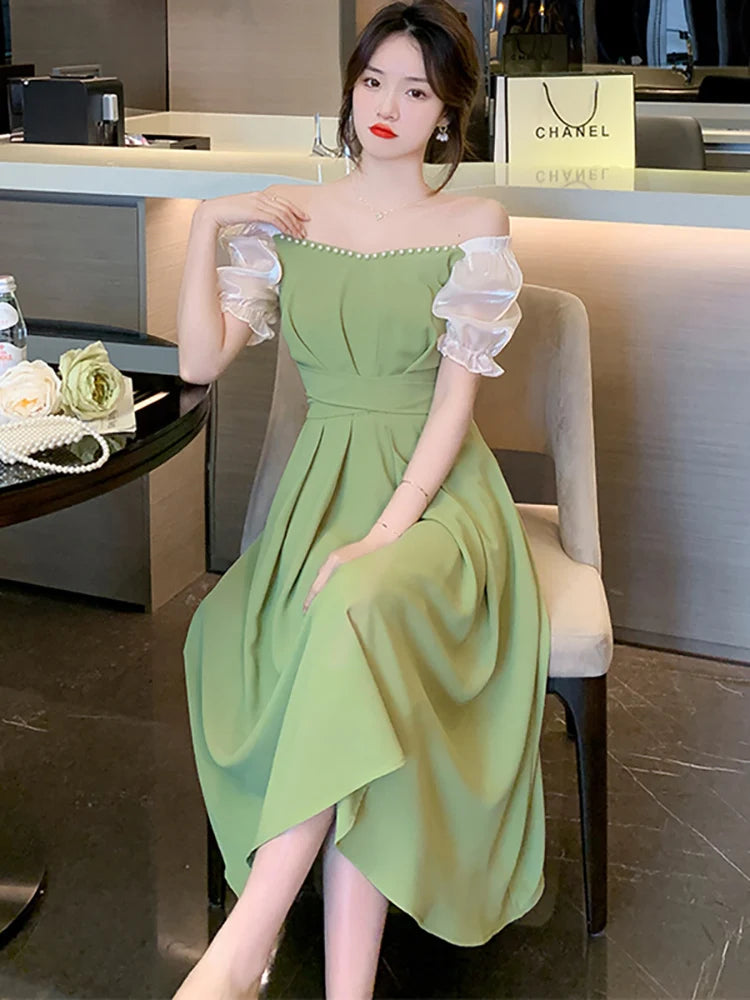 Off Shoulder Long Sleeves Ruched Dresses with Slit Dark Green main image 0