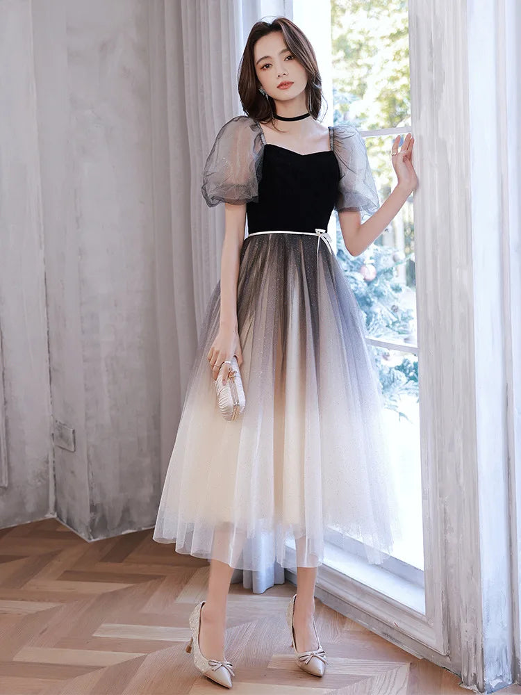 Gradient Tulle Evening Dress With Puff Sleeves on Luulla