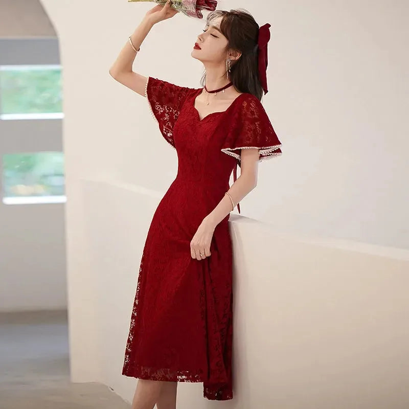 Red Lace Evening Gown With Flare Sleeves on Luulla