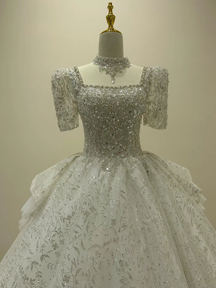 Sparkling Silver Beaded Formal Lace Ball Gown on Luulla