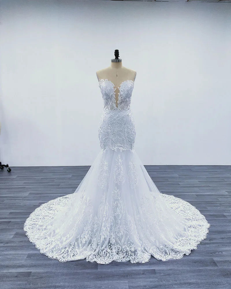 Lace Bridal Gown With Long Train Veil 2025 Wedding Dress Long on Luulla