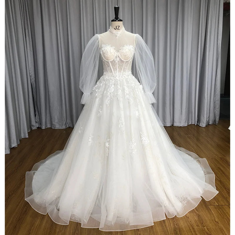 Lace Wedding Dress With Sheer Puffy Sleeves on Luulla