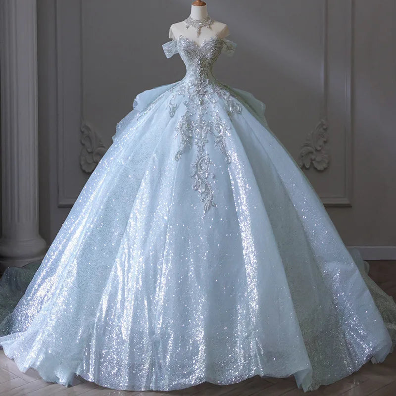 Sparkling Strapless Gown With Floral Lace Details on Luulla