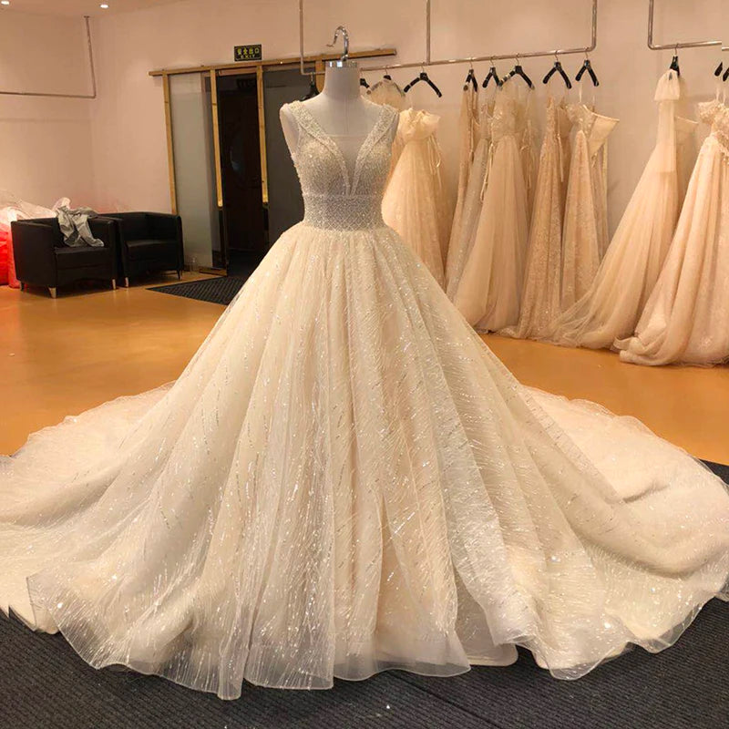 Sparkling Bridal Gown With Lace And Tulle Train Wedding Dresses 2025 on ...